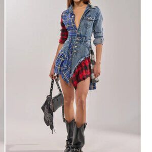 BRAND NEW - PATCHWORK PLAID DENIM MINI DRESS - L